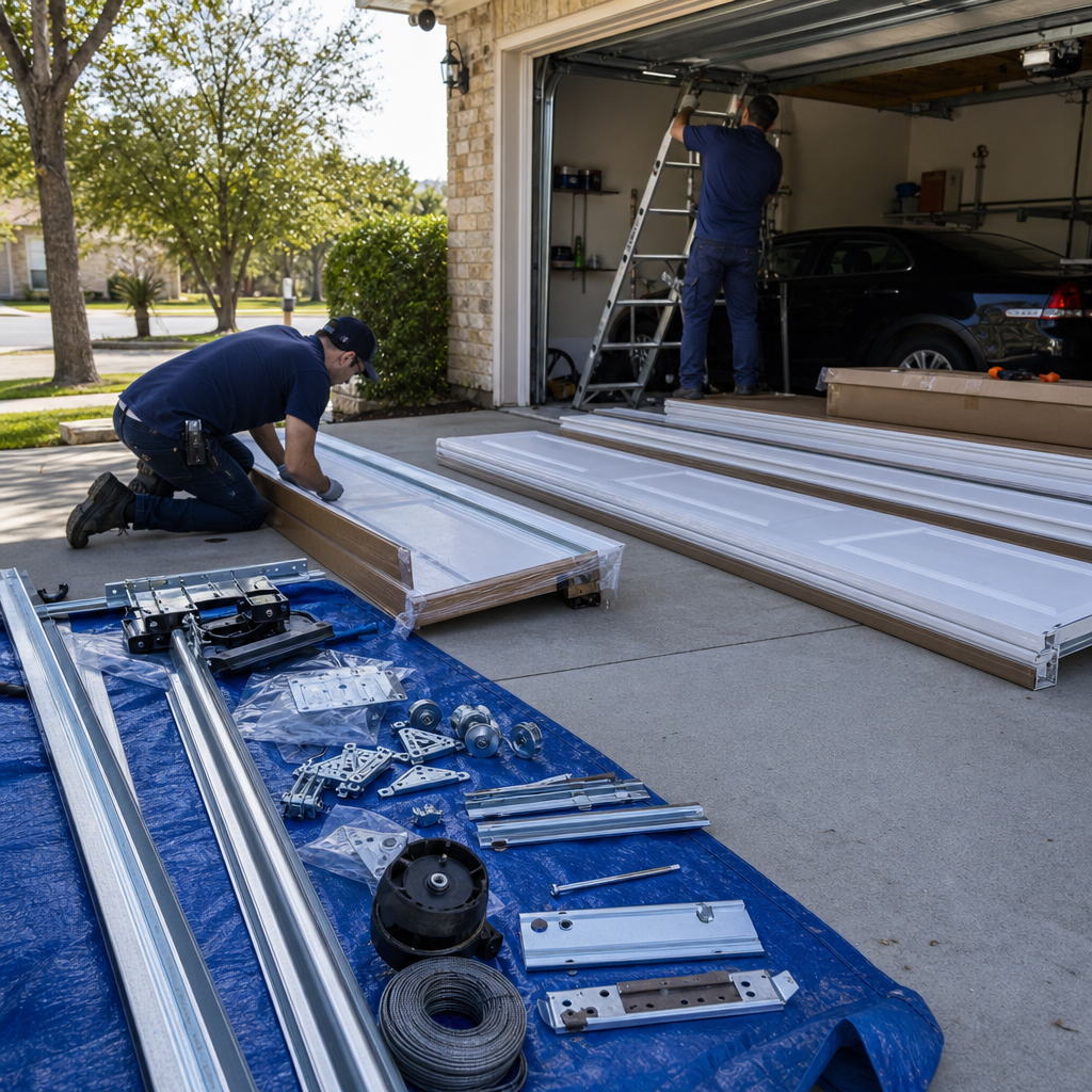 Garage door installation in progress, new doors and hardware laid out