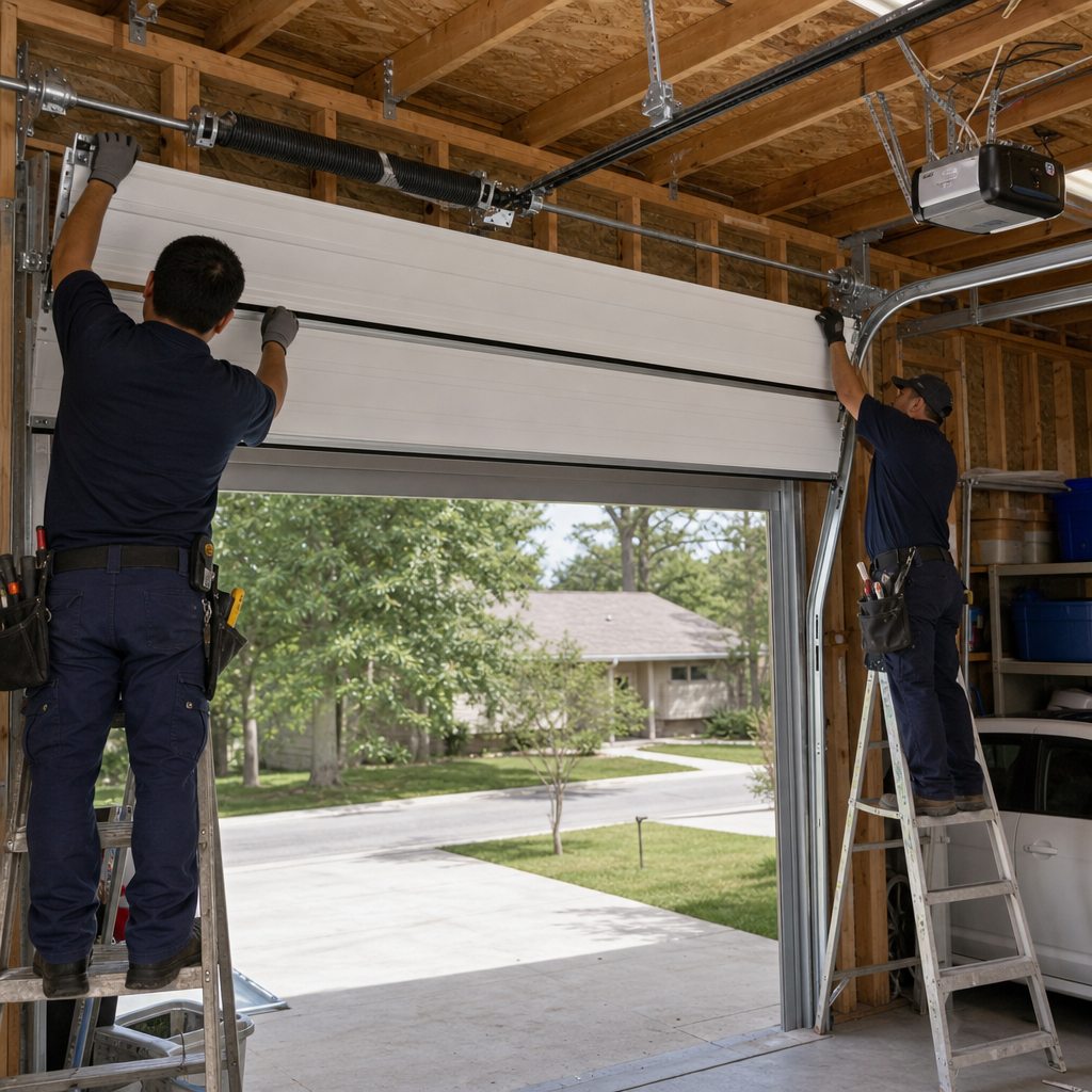 Garage door installer performing professional door installation