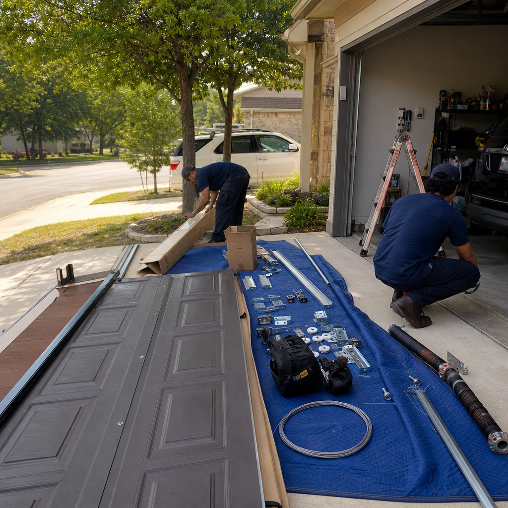 Garage door installation professionals working on a new door