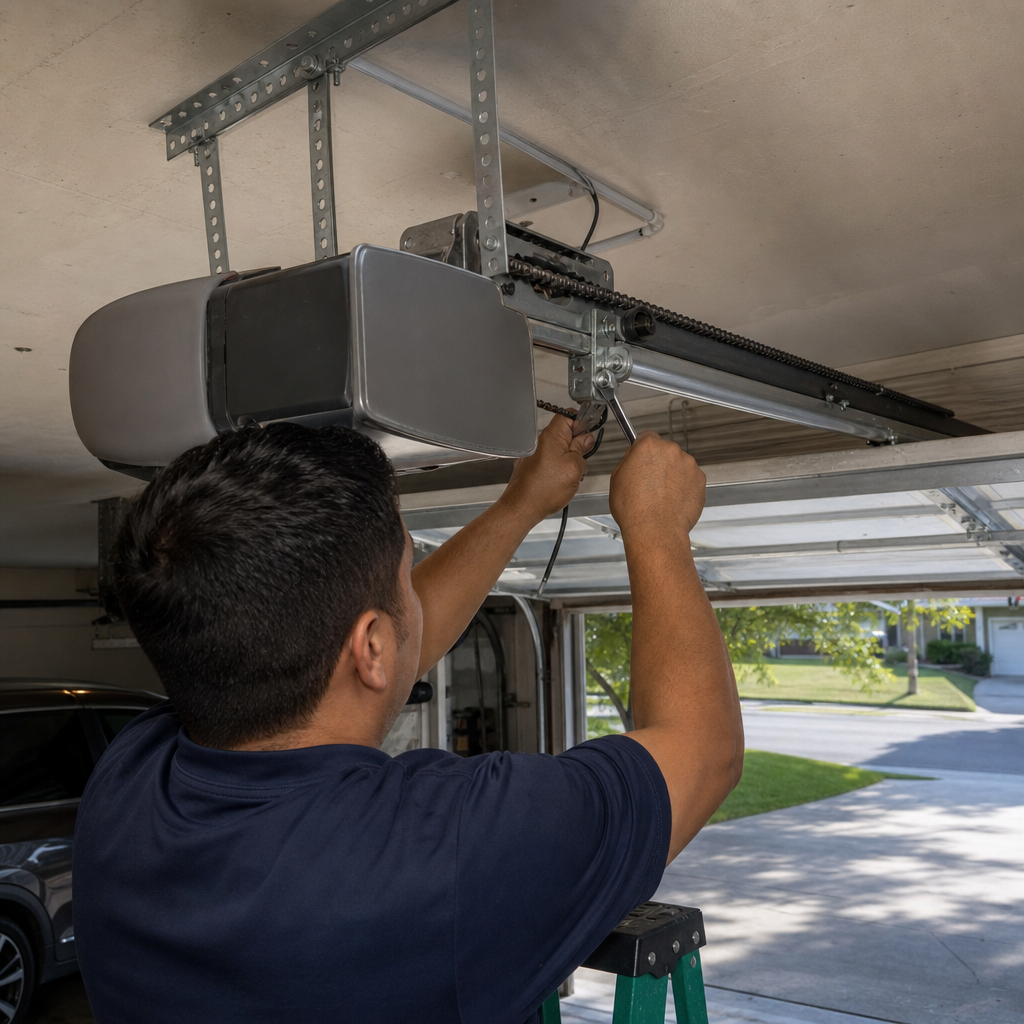 Man performing garage door opener repair with a tool