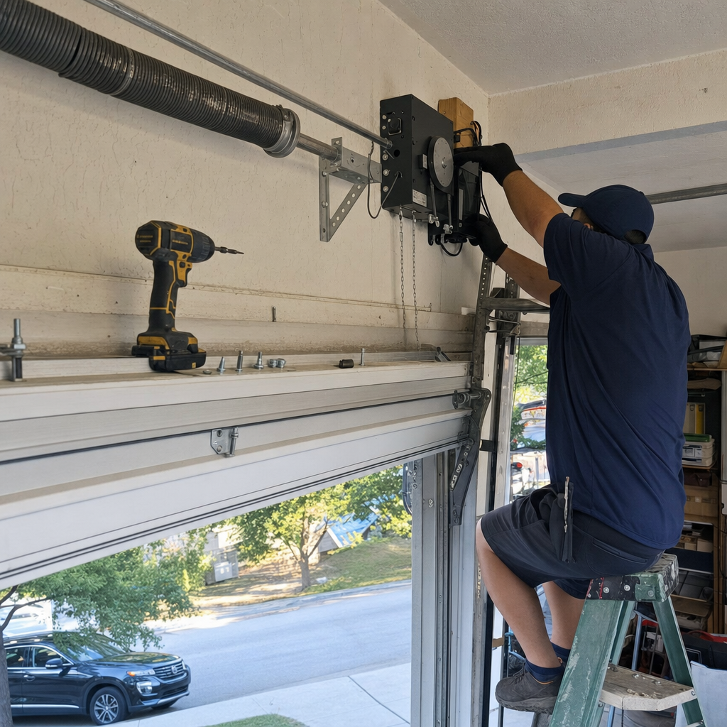 Technician installs garage door opener