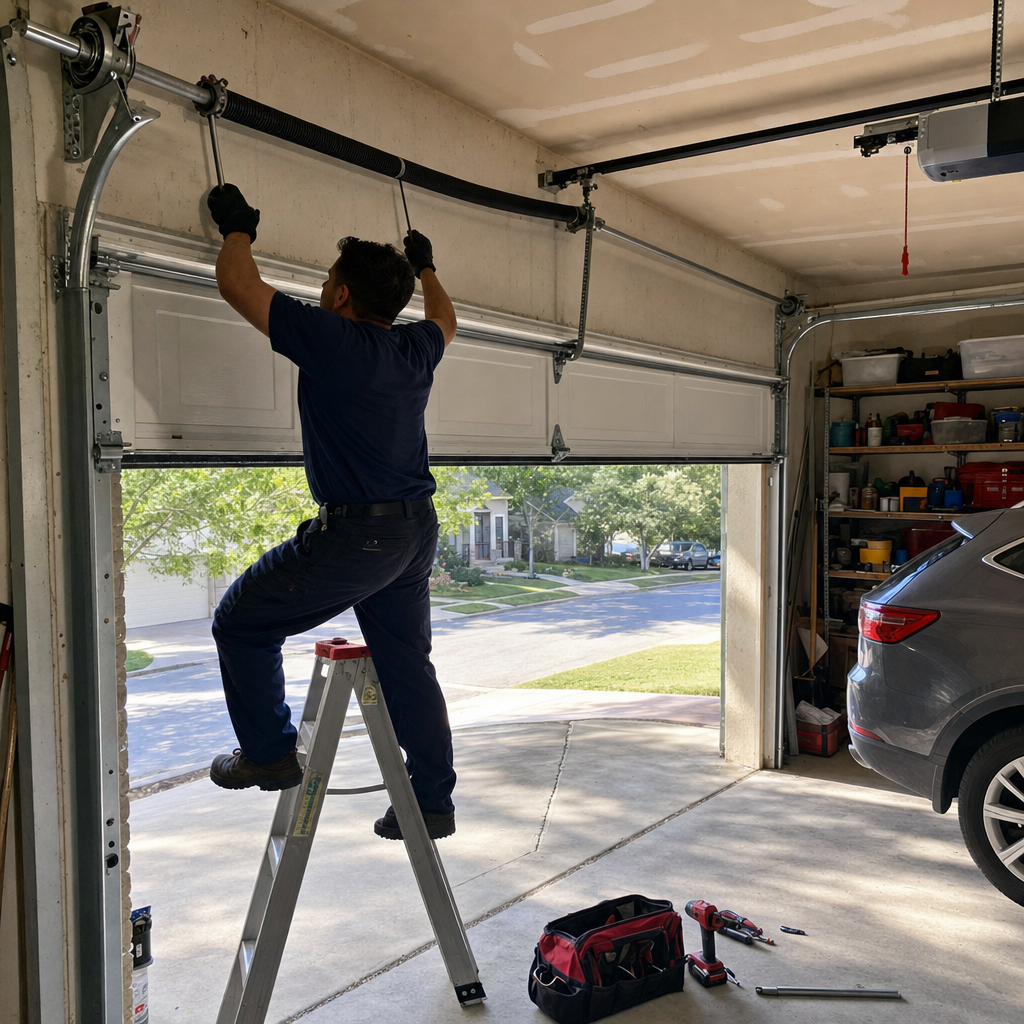 Technician performing garage door repair on spring mechanism