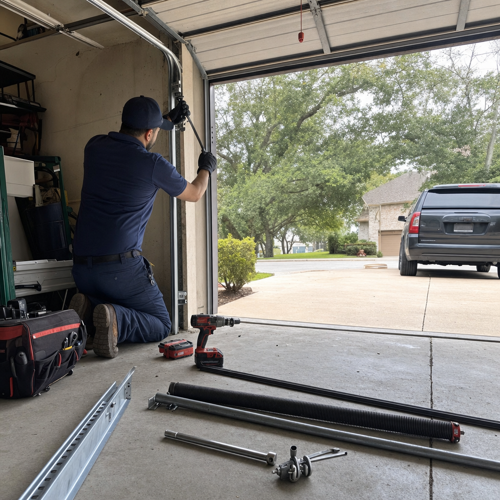 Technician performing emergency garage door repair in Austin, TX
