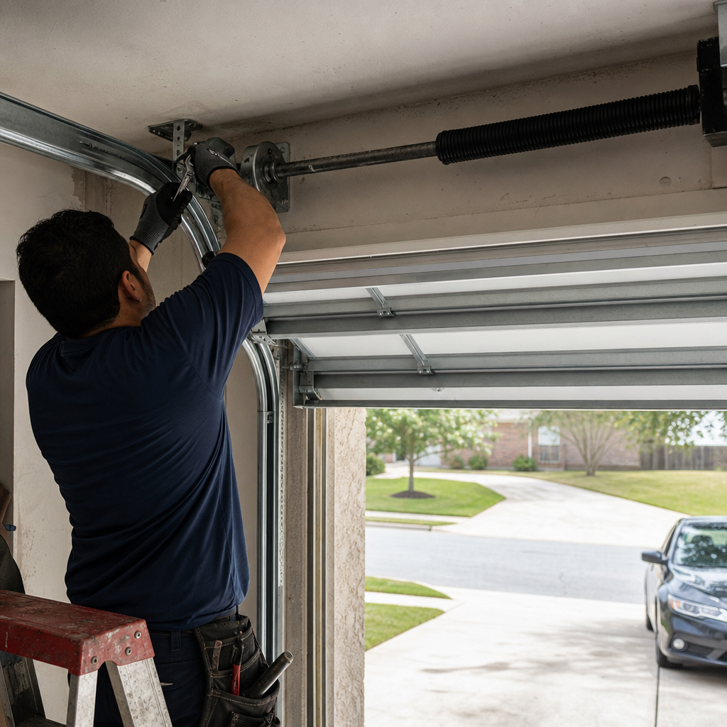 Emergency garage door repair technician working on spring mechanism in Austin, TX