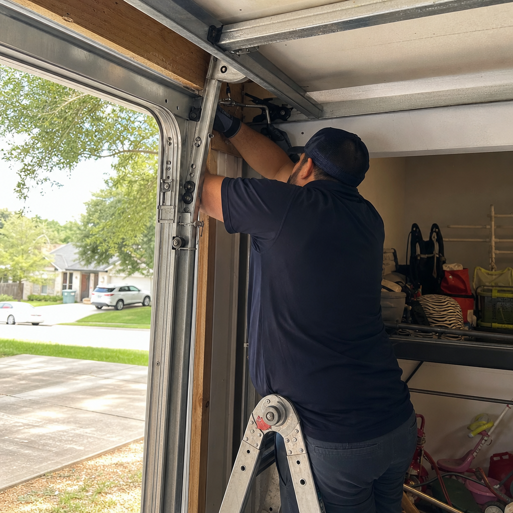 Technician performing emergency garage door repair on the track mechanism. in Austin, TX