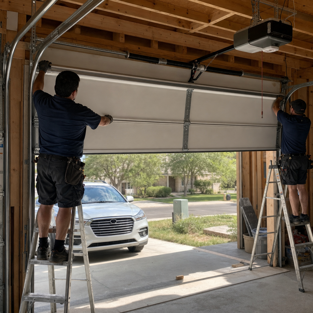 Technicians install garage door panels using ladders and tools