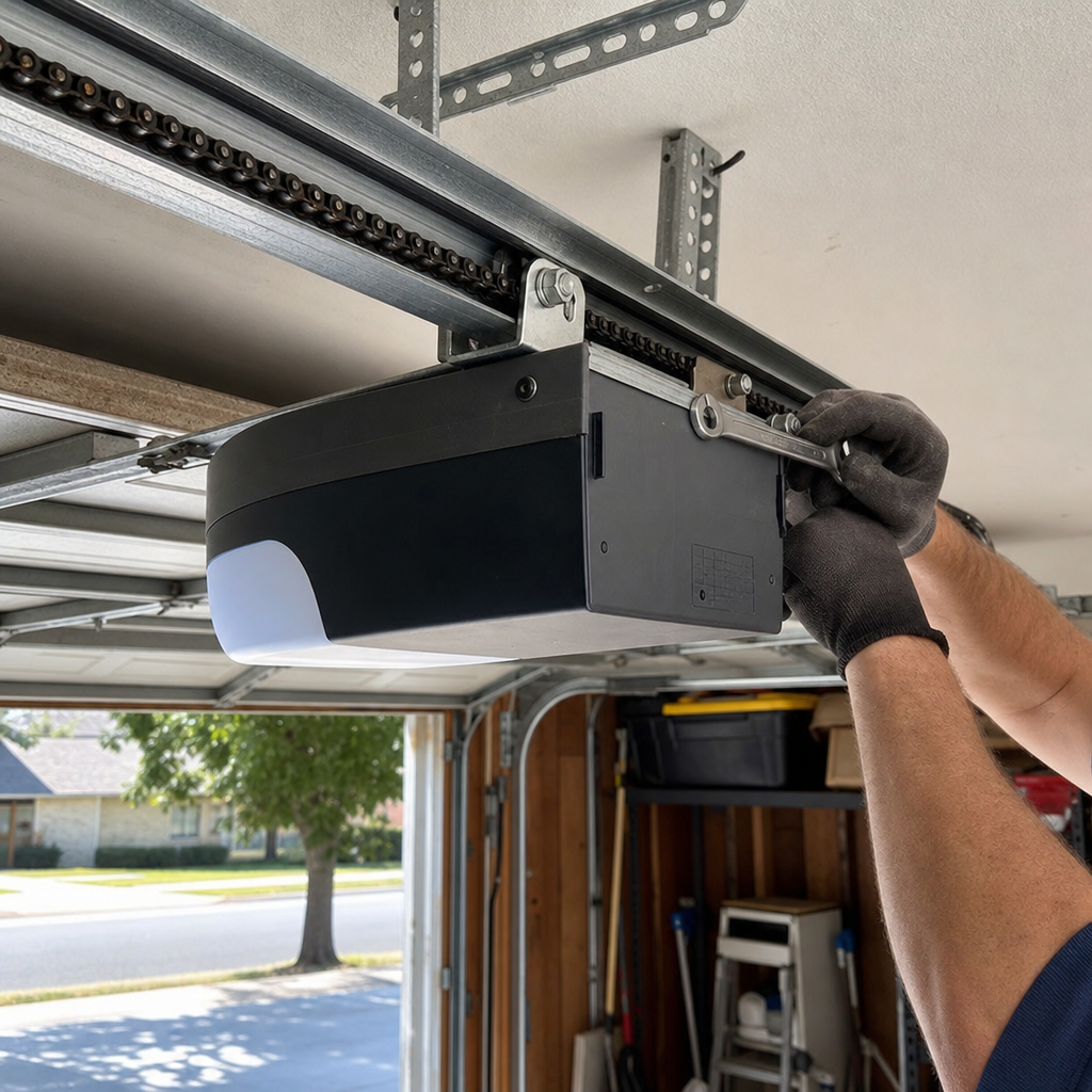 Professional performing garage door opener installation or repair