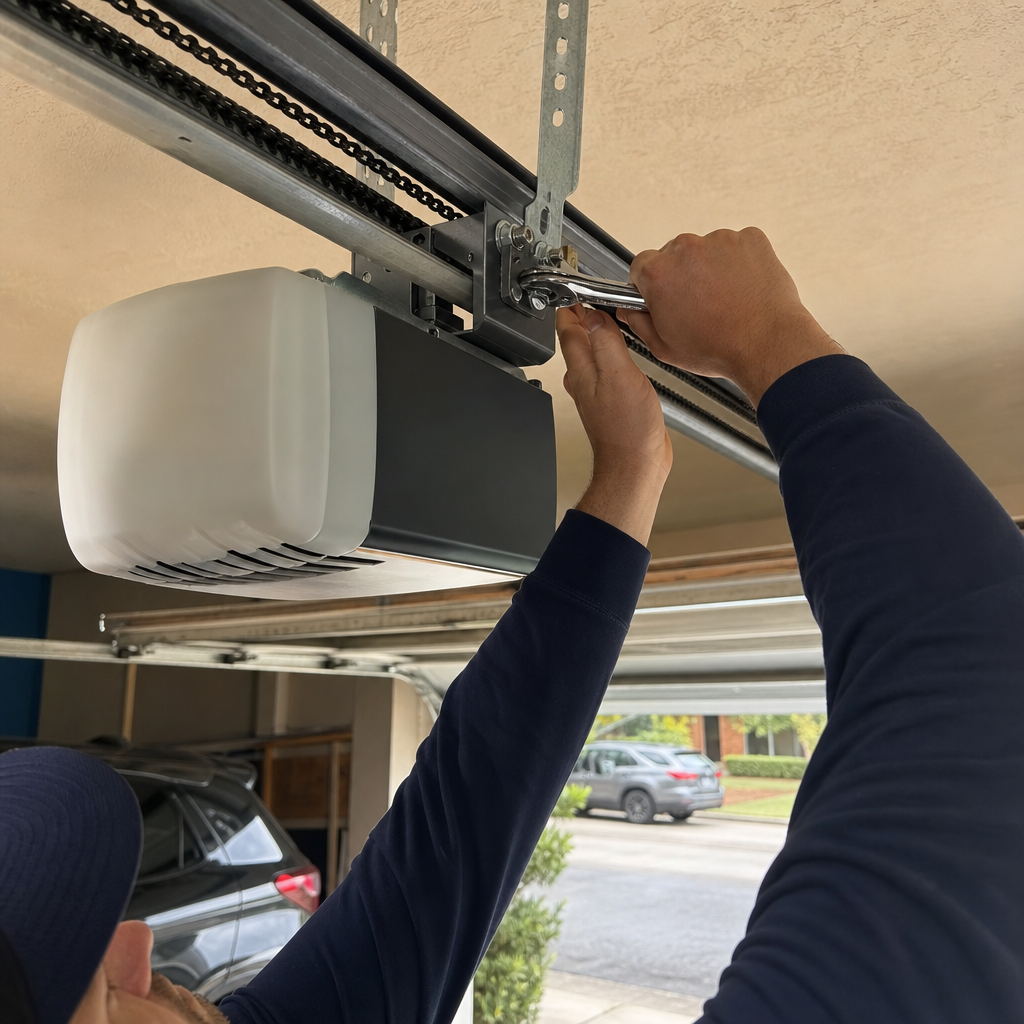 Professional installing garage door opener mechanism with a wrench