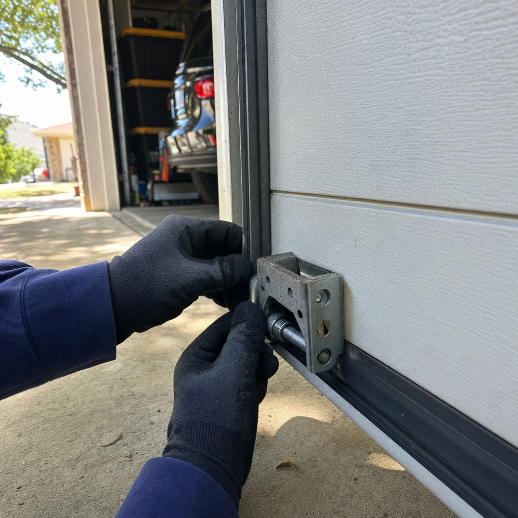 Technician installing garage door roller mechanism for repair. in Austin, TX