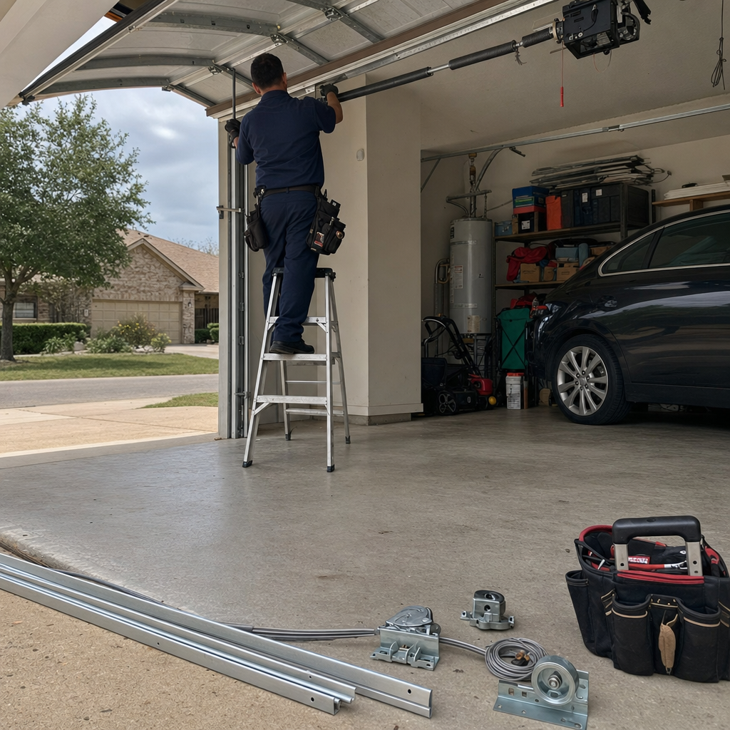 Technician repairs garage door parts and springs on a ladder. in Austin, TX