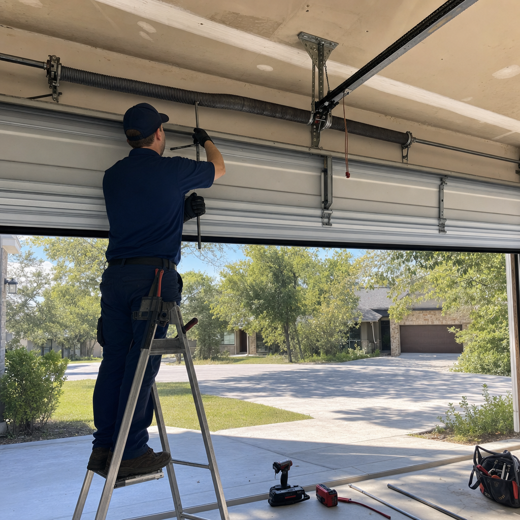 Garage door technician repairing a garage door spring system on a ladder.