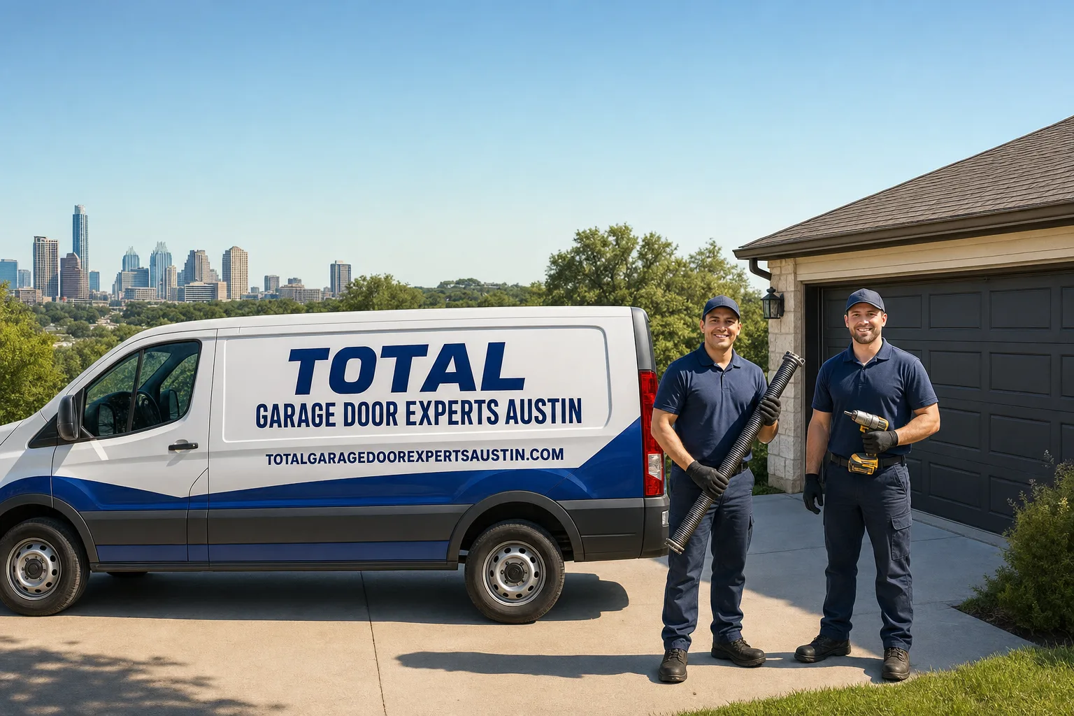 Total Garage Door Experts Austin service vehicle and crew in Austin, TX